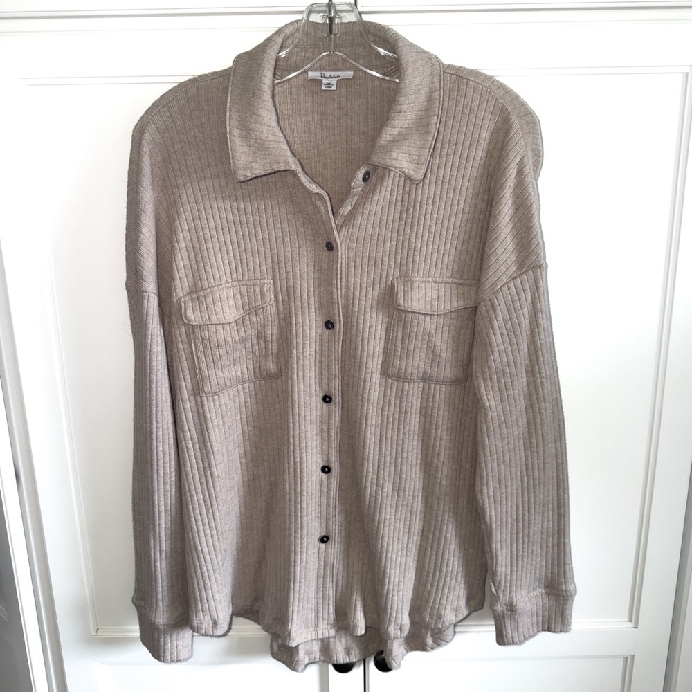 Roudelain Women's Ribbed Sweater-Knit Sleep Tunic Button-Up Top Light Taupe Med - Picture 2 of 8